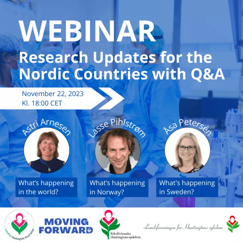 Picture with blue background, advertising the webinar. It contains photos of Astri Arnesen, Lasse Pihlstrøm and Åsa Petersén.